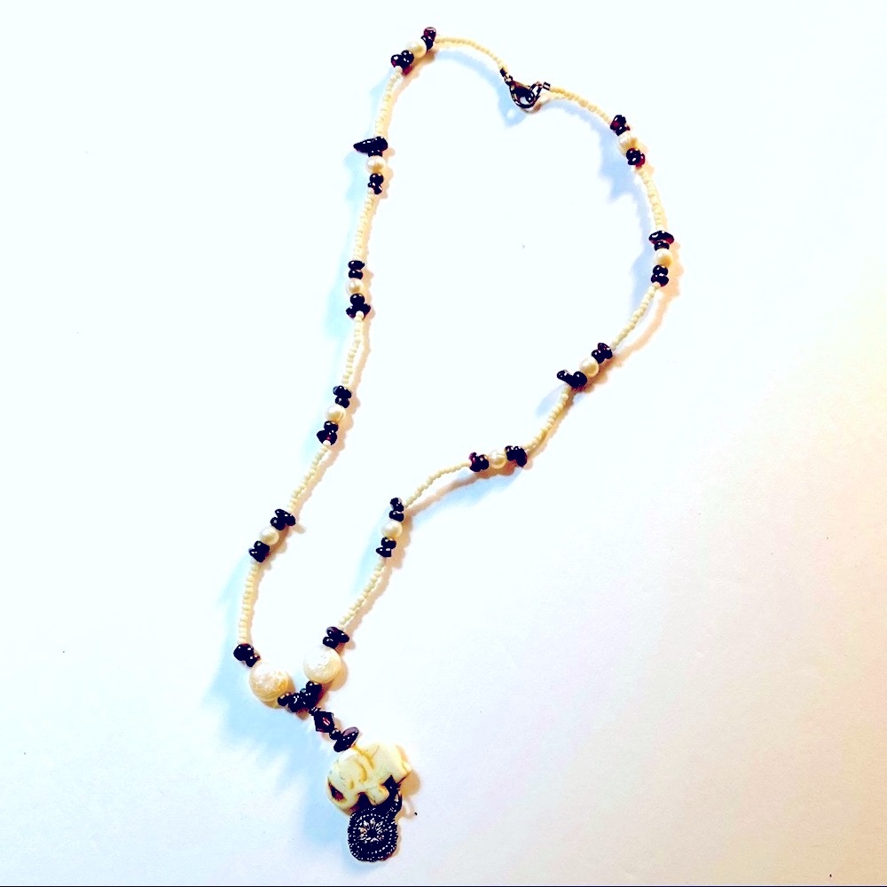 Handmade Garnet and White Pearl Elephant Statement Necklace